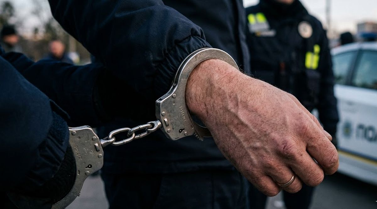 Чоловік у металевих кайданках на фоні поліцейського автомобіля; крупний план рук підозрюваного під час затримання на Кіровоградщині.